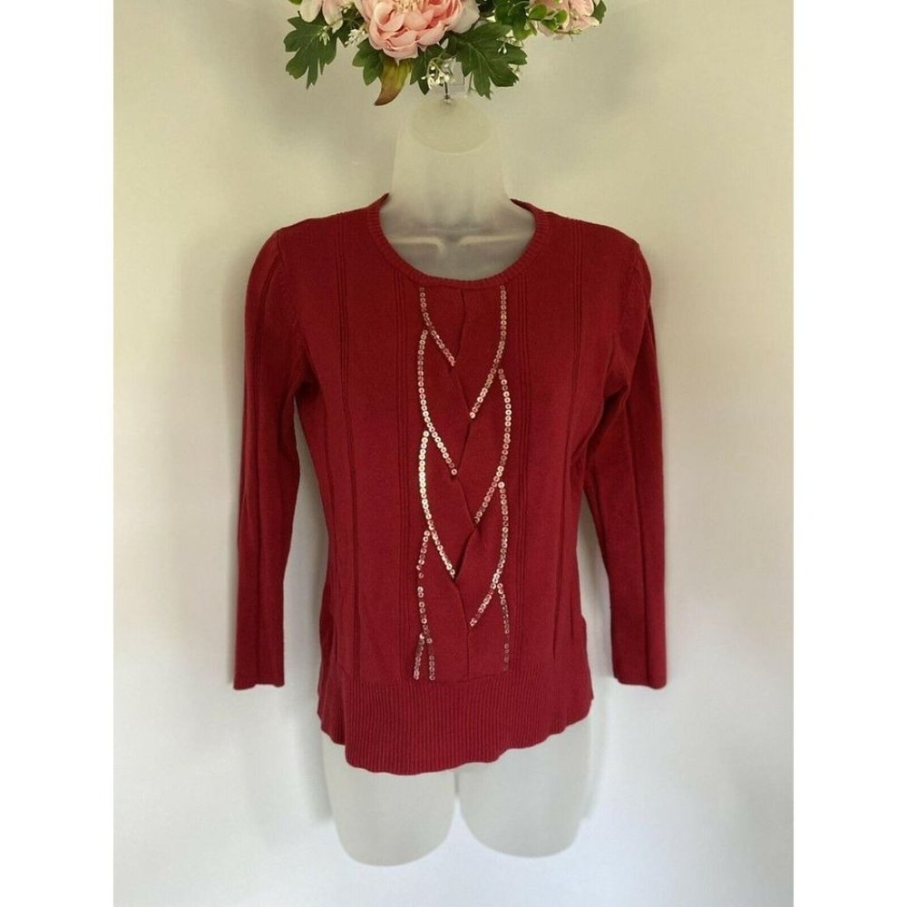 Apostrophe Red Sequined Cable Sweater Size Small - Picture 6 of 10